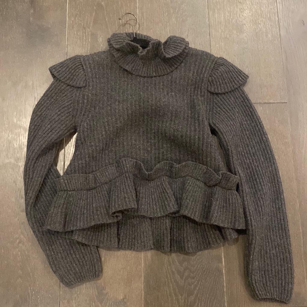 Ganni Charcoal Gray Ruffle-Knit Sweater